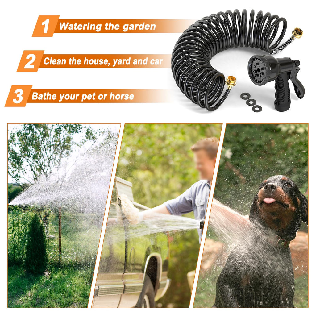 100FT x 3/8" Coil Expandable Garden Hose with 8 Patterns Spray Nozzle J30839