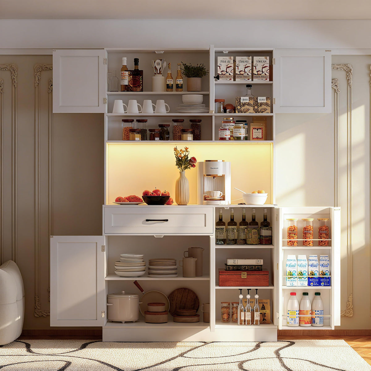 72" Kitchen Pantry Cabinet with LED Light and Charging Station T5280