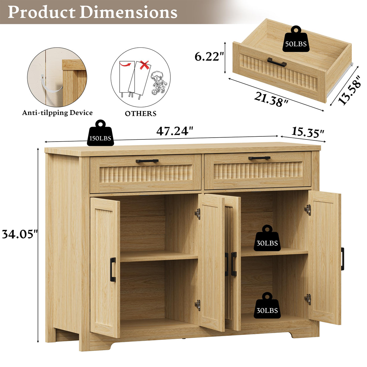 Fluted Buffet Sideboard Cabinet with Drawers O577003