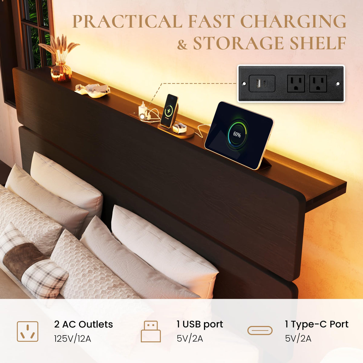 Queen Led Bed Frame with 2 Storage Drawers and Charging Station, Black P1640