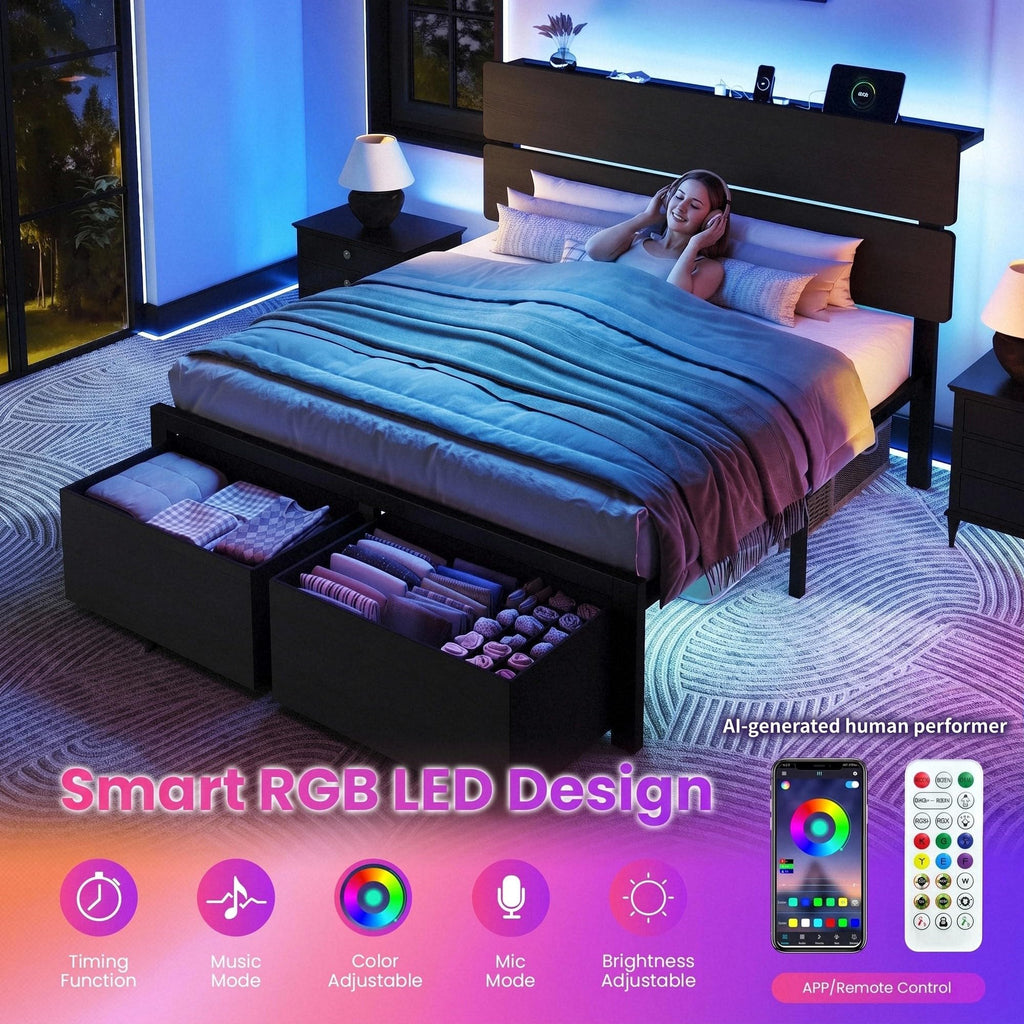 Queen Led Bed Frame with 2 Storage Drawers and Charging Station, Black P1640