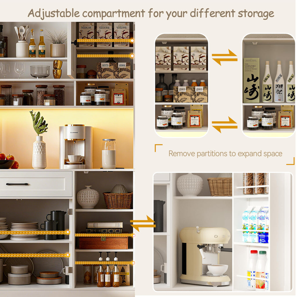 72" Kitchen Pantry Cabinet with LED Light and Charging Station T5280