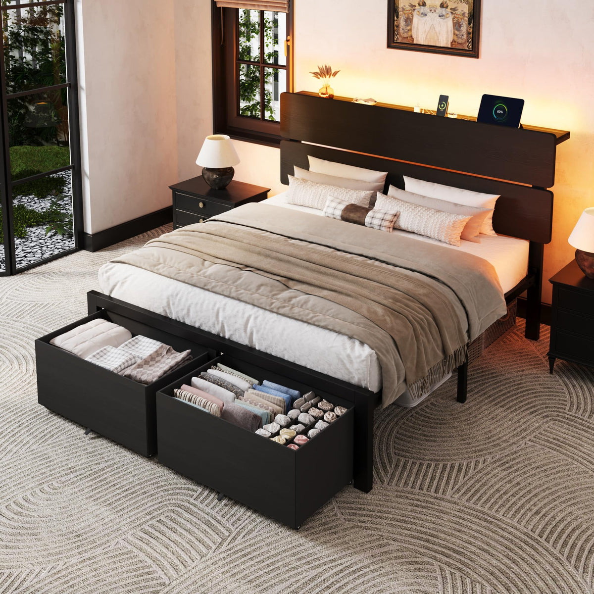 Queen Led Bed Frame with 2 Storage Drawers and Charging Station, Black P1640
